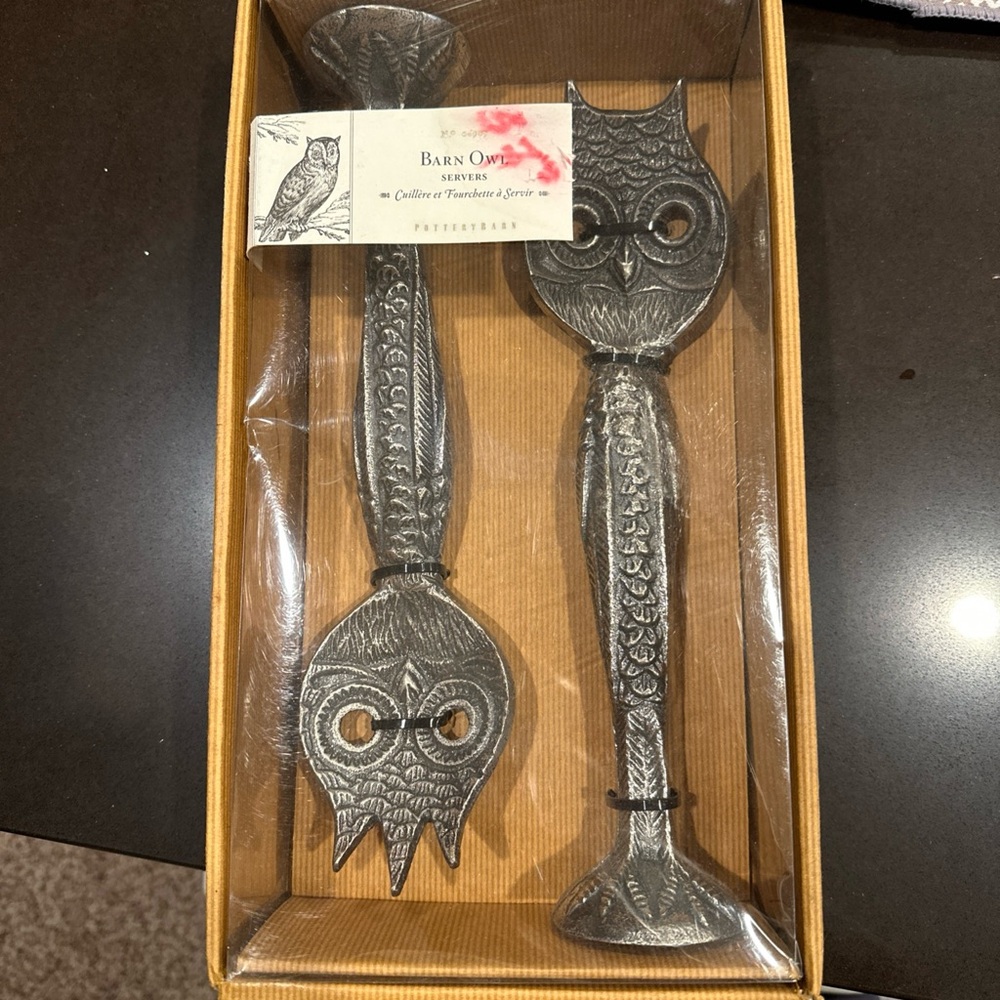 Pottery Barn Silver barn owl serving utensils. Retired and rare. NEW!!